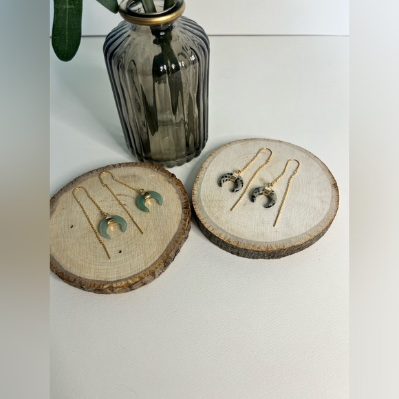 Long Tassel Chain with Moon Horn Natural Stone Pendant- Boho Edgy Earrings - Picture 3 of 16